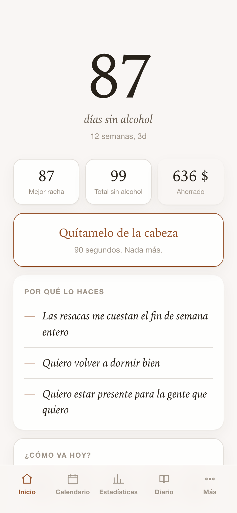 La pantalla principal de Hangover Free: 87 días sin alcohol, mejor racha, dinero ahorrado y fines de semana recuperados