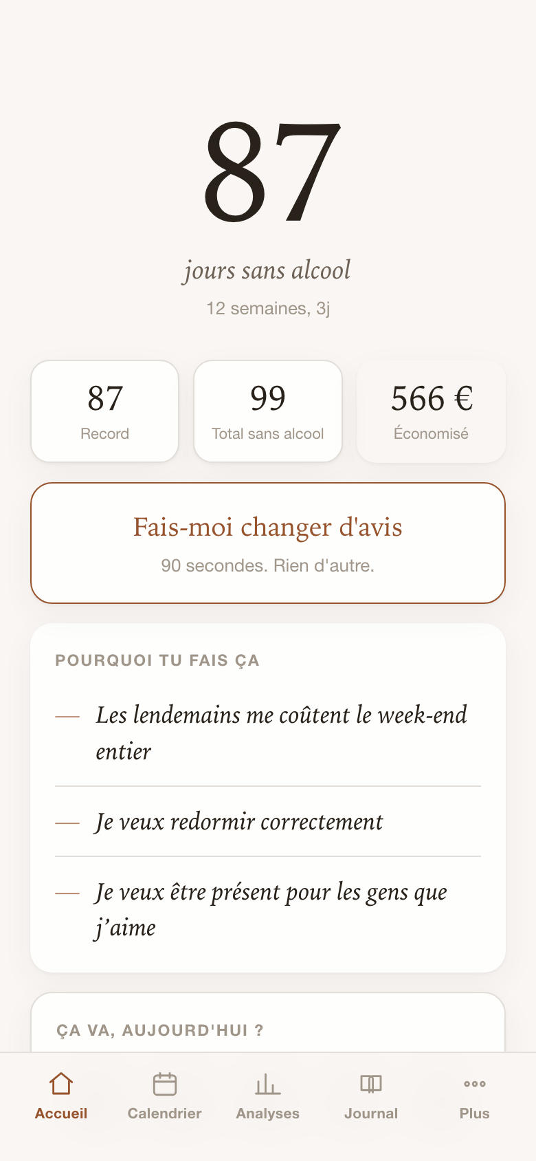 L’écran principal de Hangover Free : 87 jours sans alcool, record, argent économisé et week-ends récupérés
