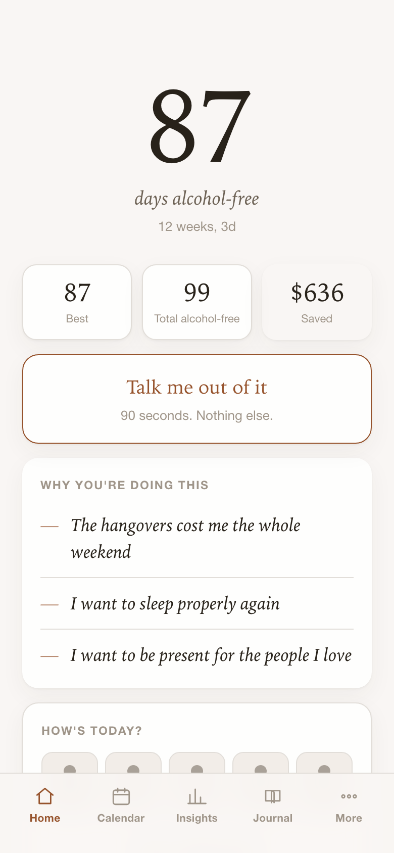 The Hangover Free home screen: 87 days alcohol-free, best streak, money saved and weekends reclaimed