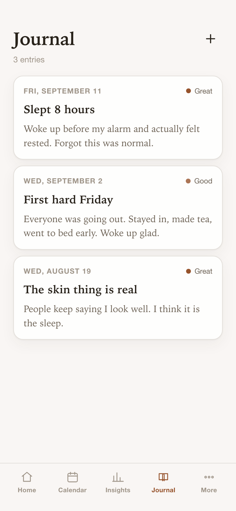 Journal entries about sleeping better and hard nights