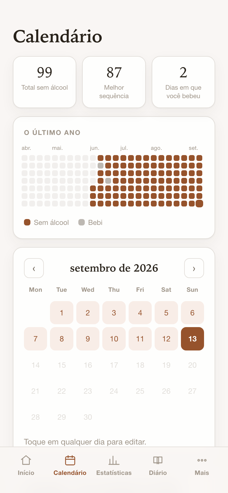 Um ano de dias sem álcool numa grade, com dois dias cinza