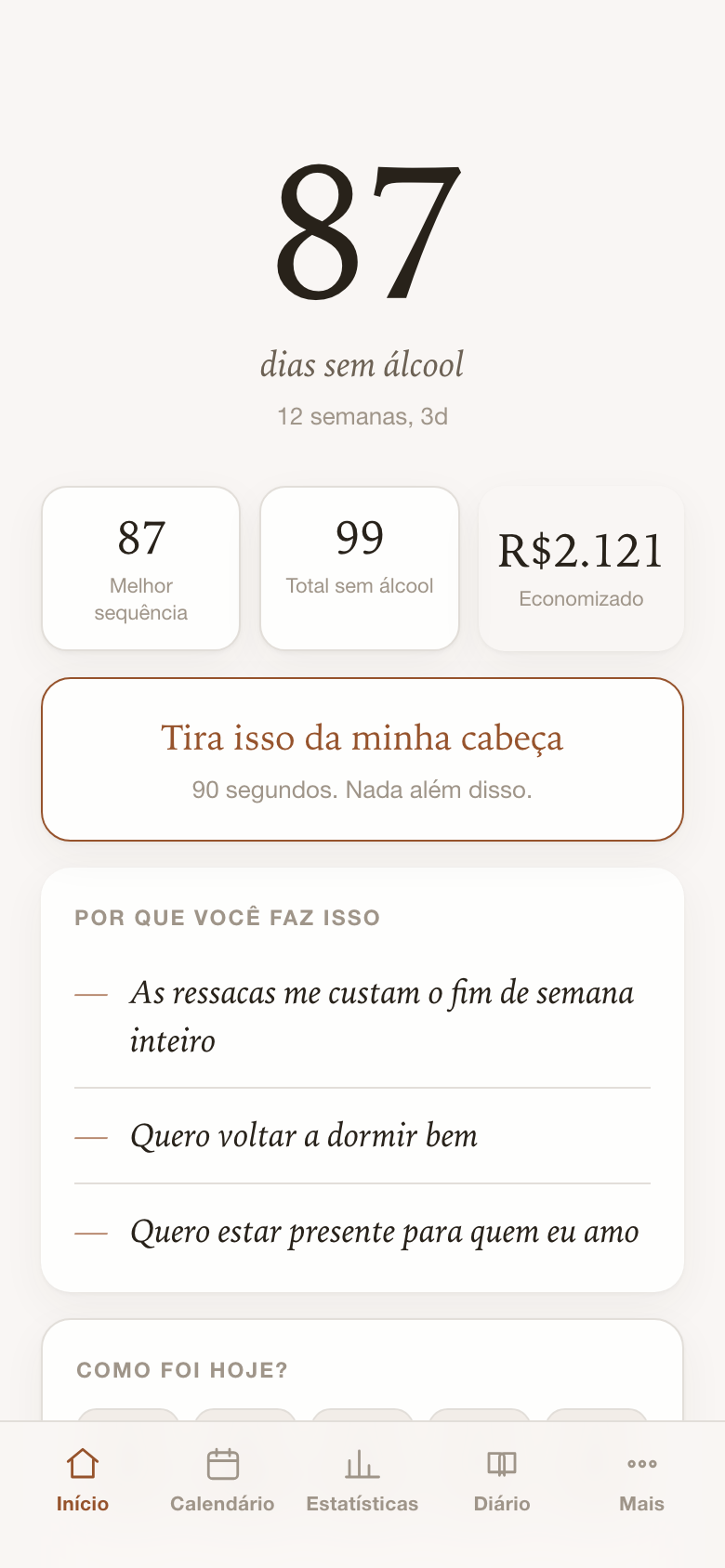 A tela inicial do Hangover Free: 87 dias sem álcool, melhor sequência, dinheiro economizado e fins de semana recuperados